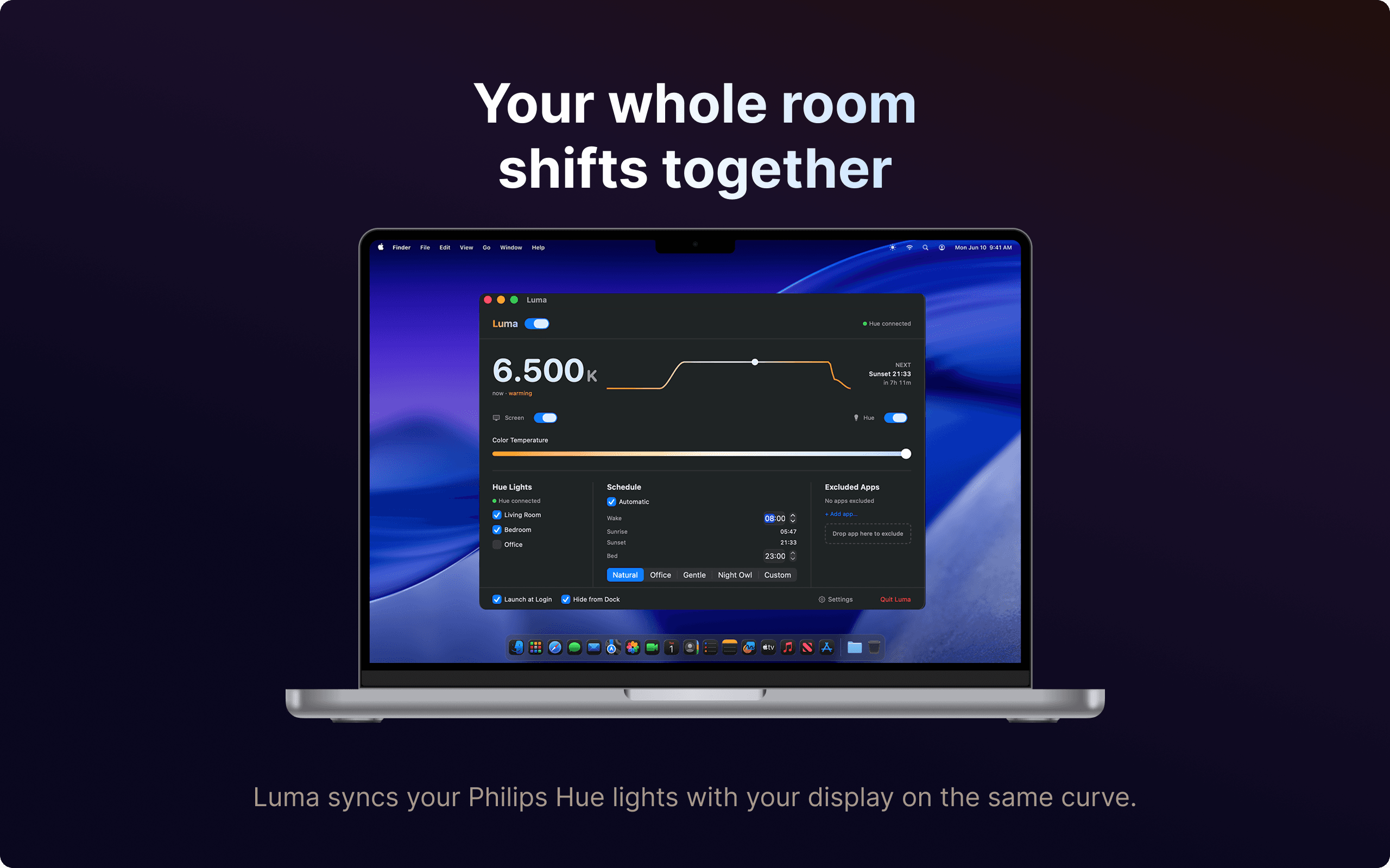 Luma menu bar popup showing the display shift following the sun